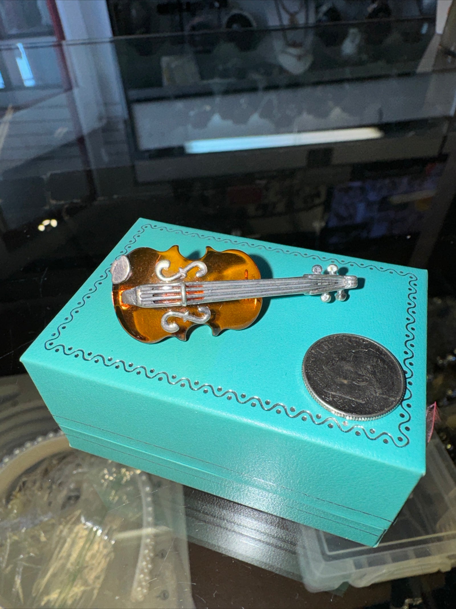 Vintage Sterling silver, and Amber violin pin brooch