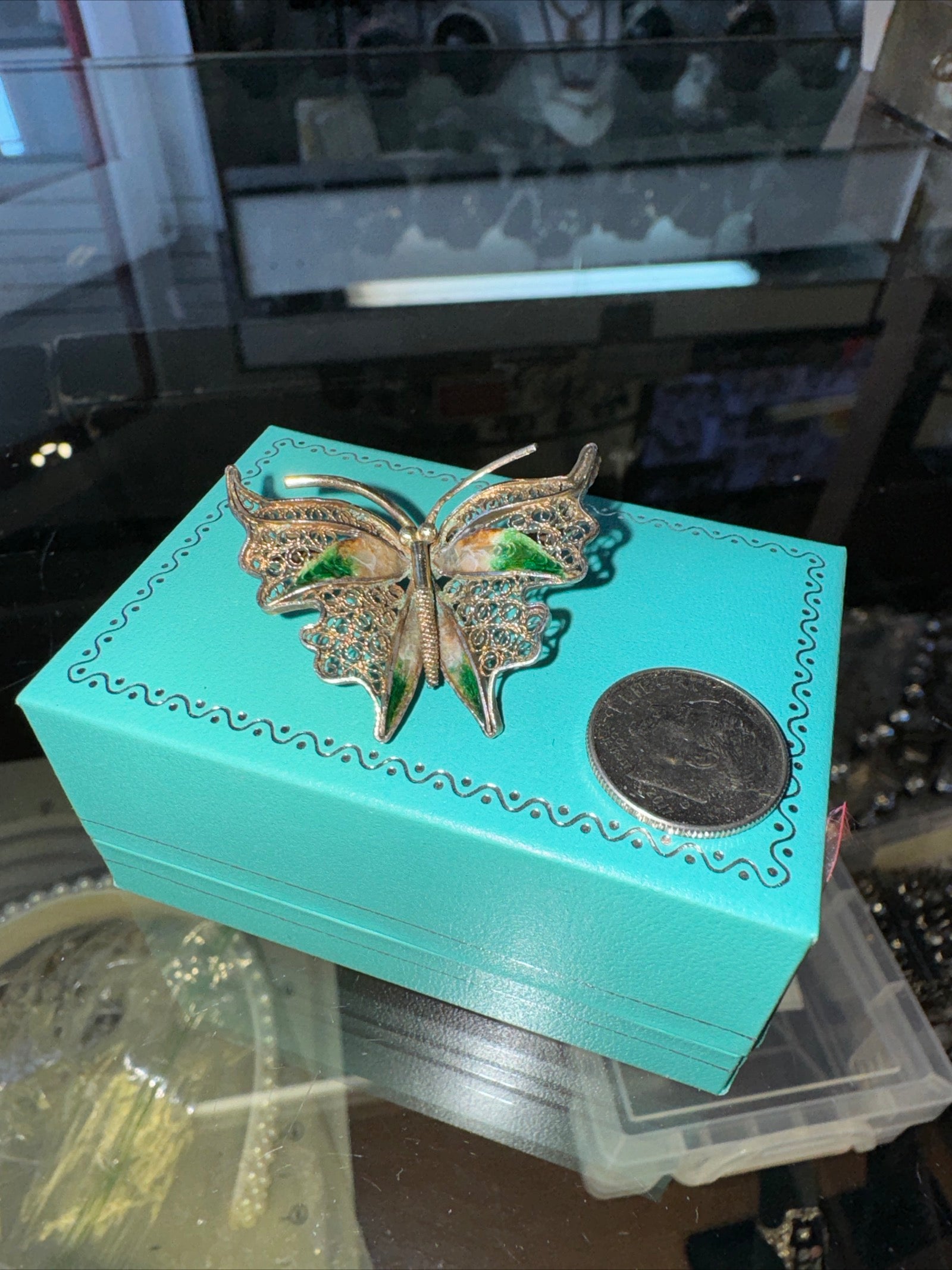 Butterfly sterling, silver enamel pain, brooch