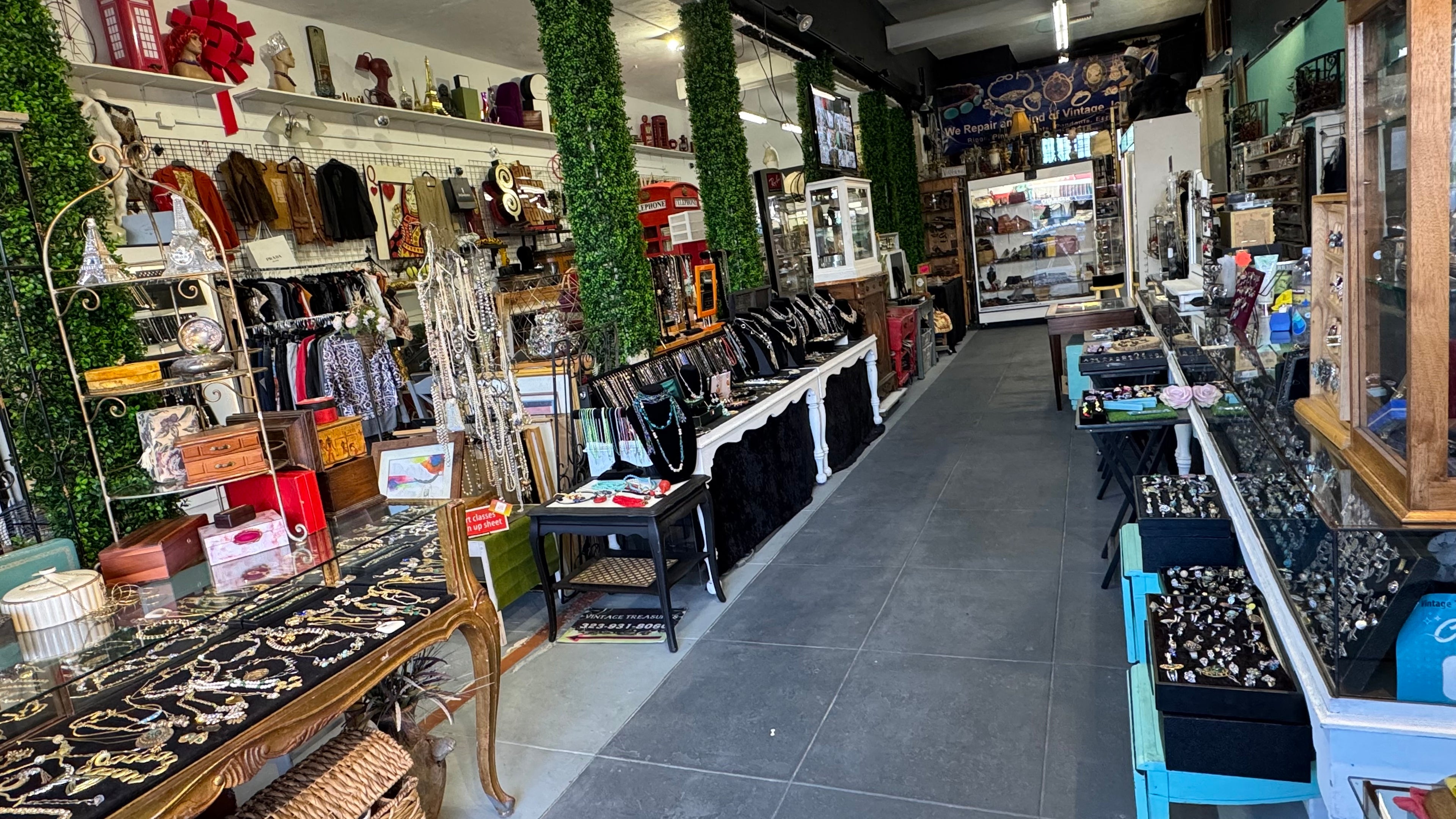 Vintage jewelry store interior with display of hand crafted and repaired pieces